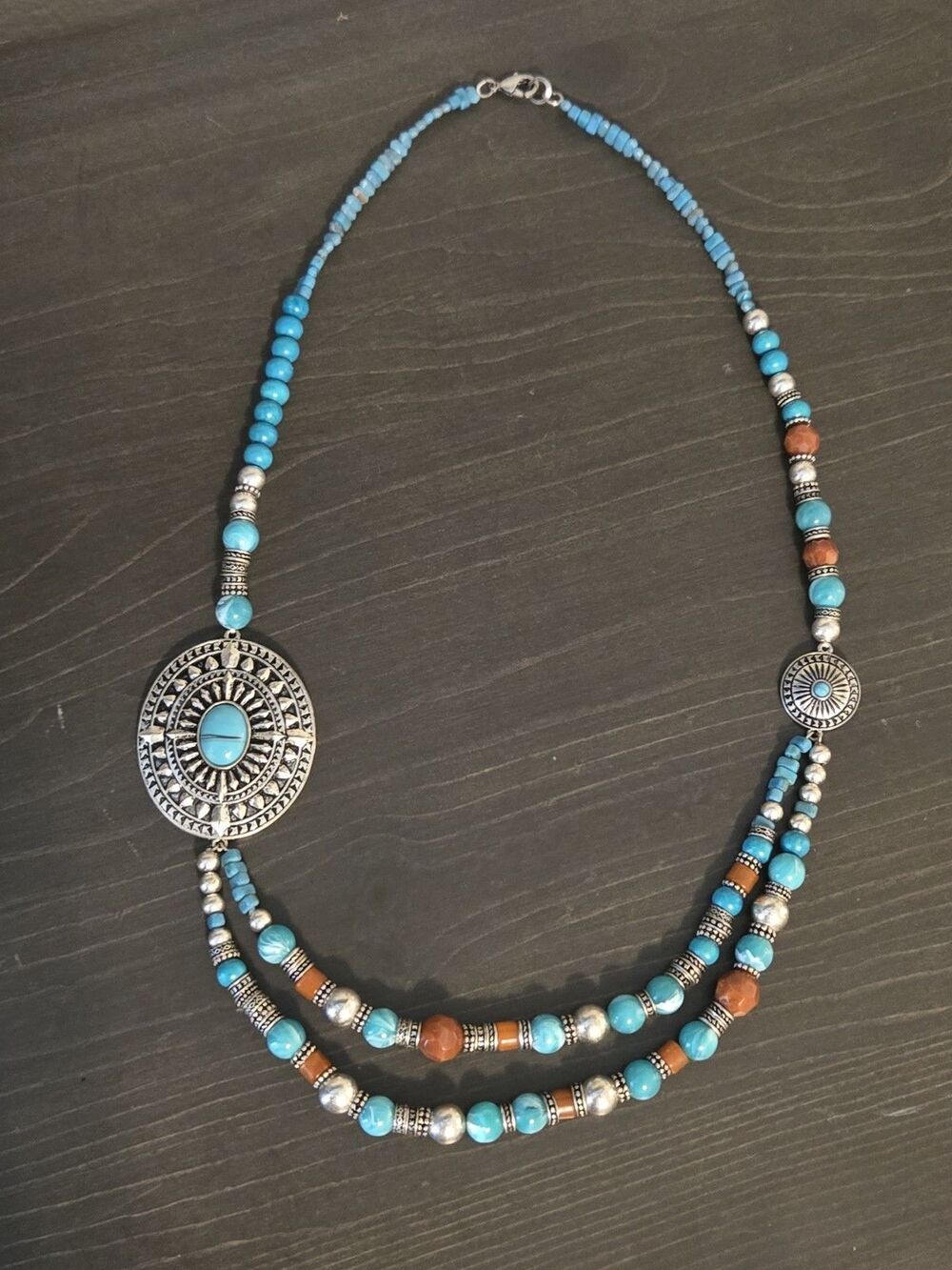 Chunky Southwestern Statement Squash Blossom Beaded Necklace Faux Turquoise 28"